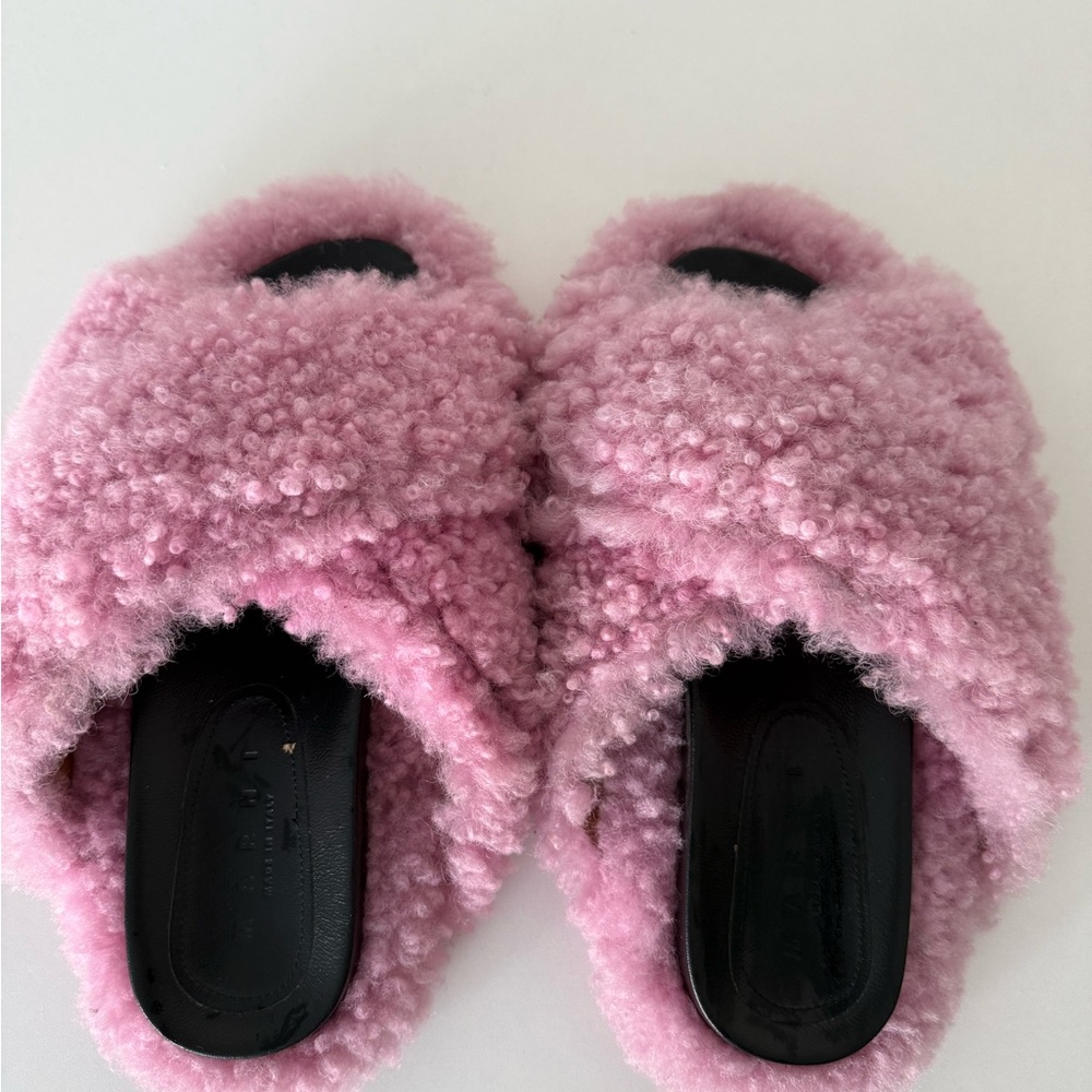 Marni Pink Shearling Slide Slippers